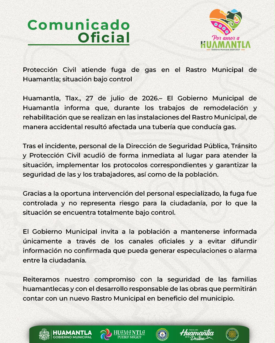 Protección Civil atiende fuga de gas en el Rastro Municipal de Huamantla; situación bajo control
